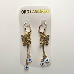 Plated Gold Butterfly And Evil Eye Earrings